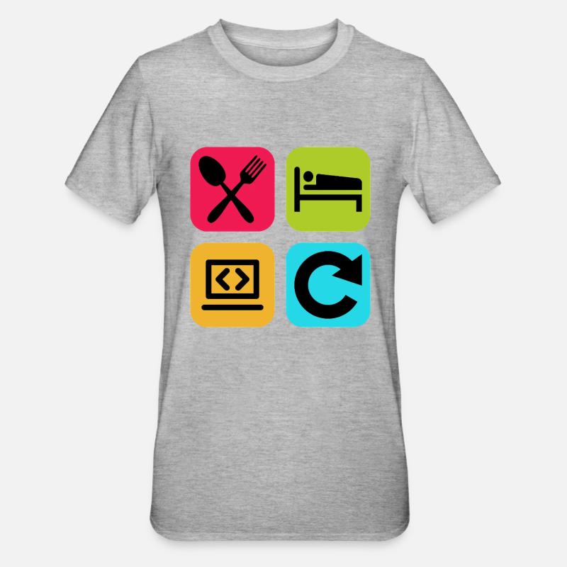 Essen, schlaf, Programm wiederholen, lustiger Zitatcode - Unisex Polycotton T-Shirt - Grau meliert