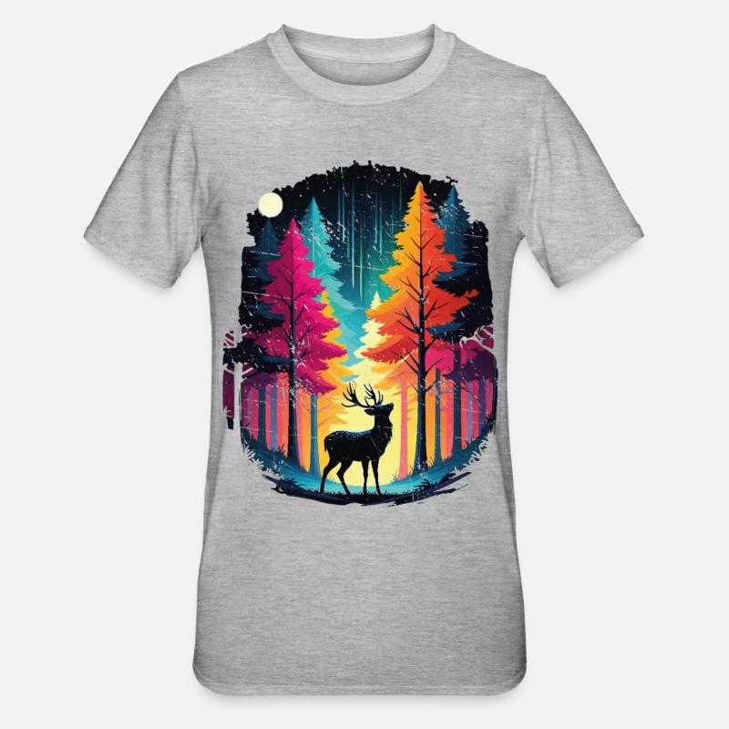 Regenbogenwald und leuchtende Hirsche - Unisex Polycotton T-Shirt - Grau meliert