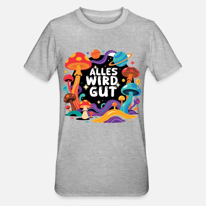Alles wird gut - Retro Pilze Weltraum Design - Unisex Polycotton T-Shirt - Grau meliert