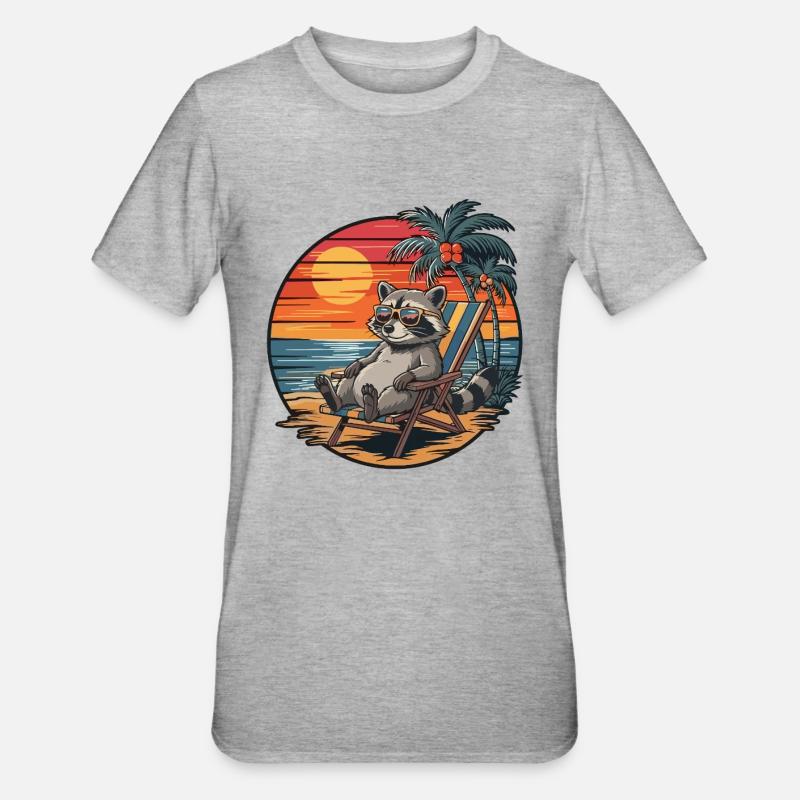Raton laveur drôle sur la plage Coucher de soleil pendant les vacances d’été - T-shirt polycoton Unisexe - gris chiné