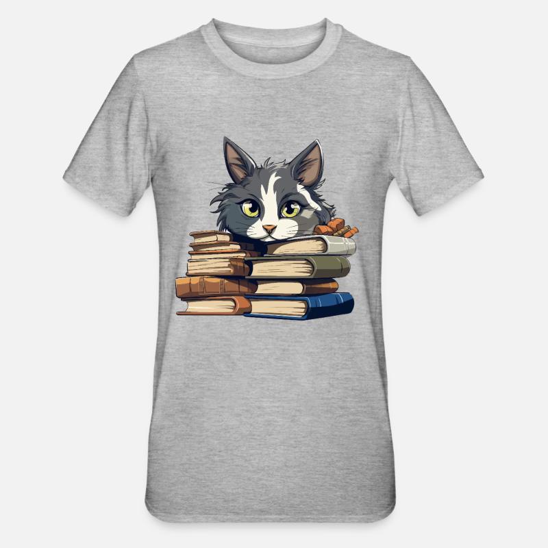 Book Stack Cat Bibliophile - Unisex Polycotton T-Shirt - heather grey