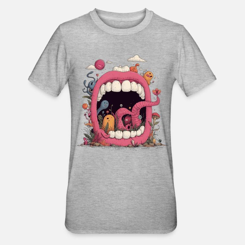 Pink Mouth World with Creatures - Unisex Polycotton T-Shirt - heather grey