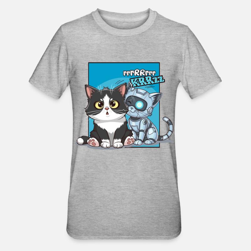 Chat et robot, humour, cartoon, bd - T-shirt polycoton Unisexe - gris chiné