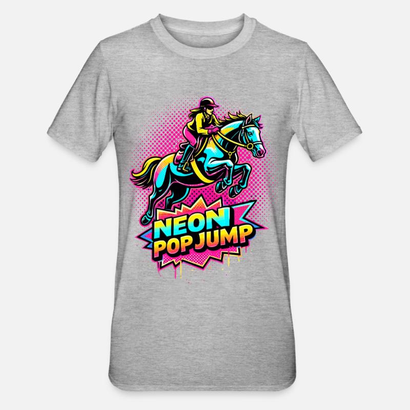 Neon Pop Jump – Reiten Springpferd - Unisex Polycotton T-Shirt - Grau meliert