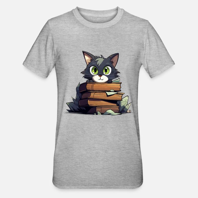 Cat Book Stack - Unisex Polycotton T-Shirt - heather grey
