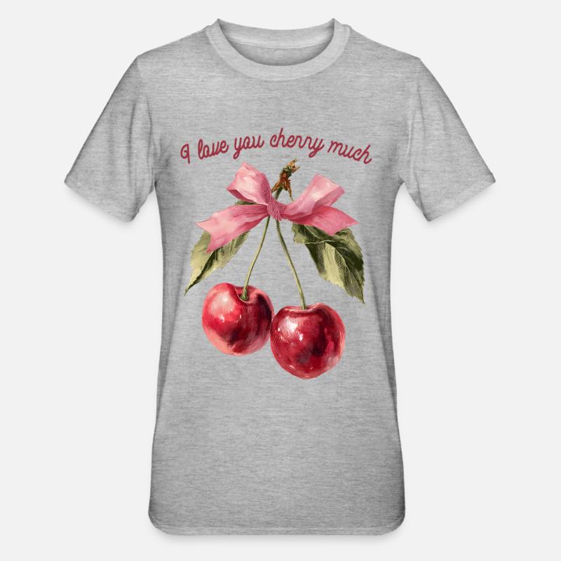 Cerises avec ruban | Saint-Valentin - Amour - T-shirt polycoton Unisexe - gris chiné