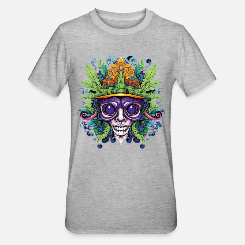 Psychedelischer Schädel mit Blattkrone - Unisex Polycotton T-Shirt - Grau meliert