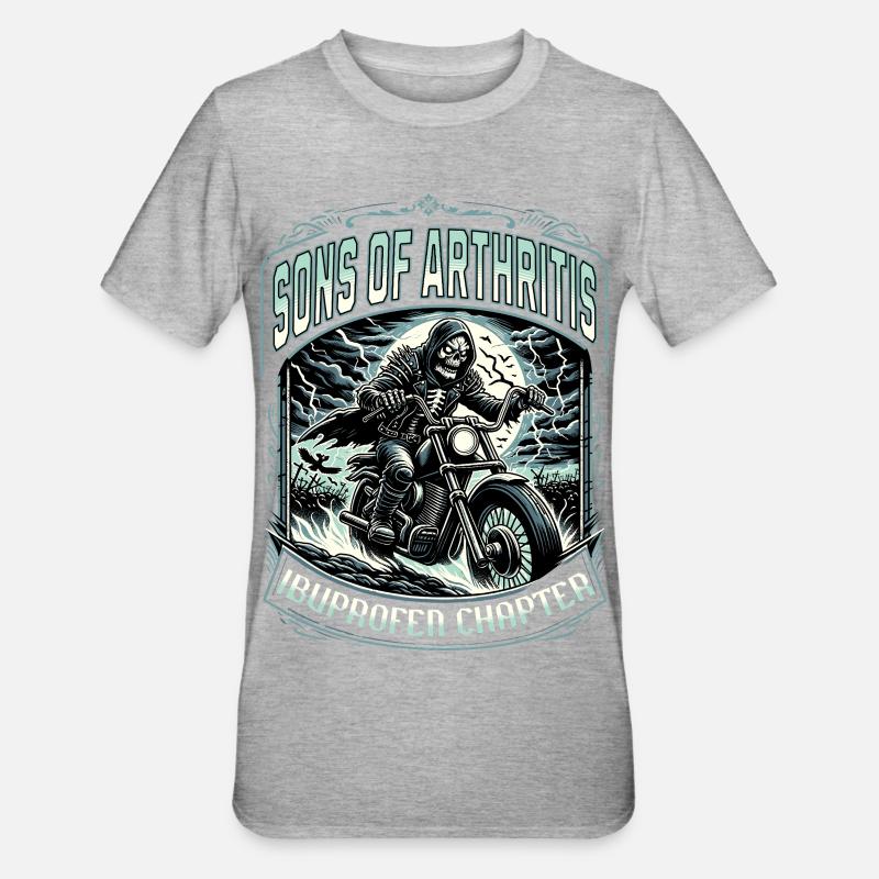 Fils de l’arthrite, chapitre Ibuprofène, Moto - T-shirt polycoton Unisexe - gris chiné