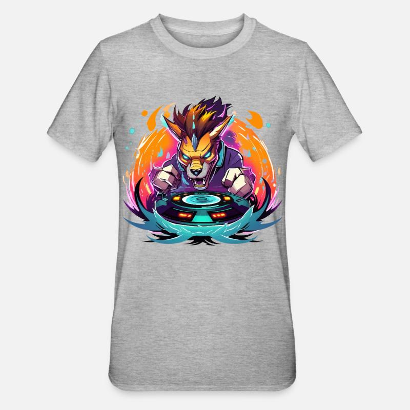 Wolfs-DJ Neon Feuer - Unisex Polycotton T-Shirt - Grau meliert