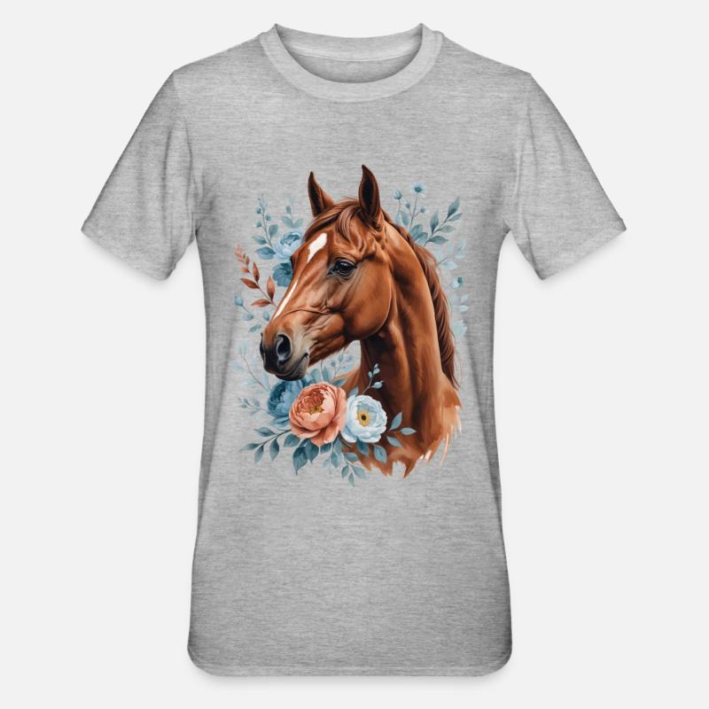 Pferd mit Blumenkranz - Unisex Polycotton T-Shirt - Grau meliert