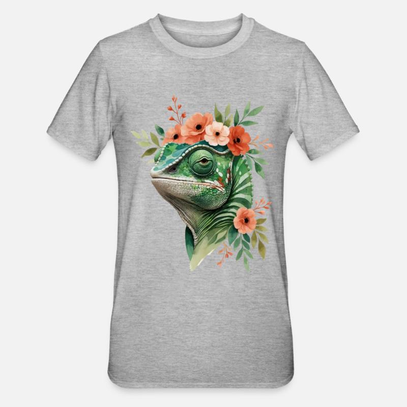 Couronne de fleurs avec caméléon - T-shirt polycoton Unisexe - gris chiné