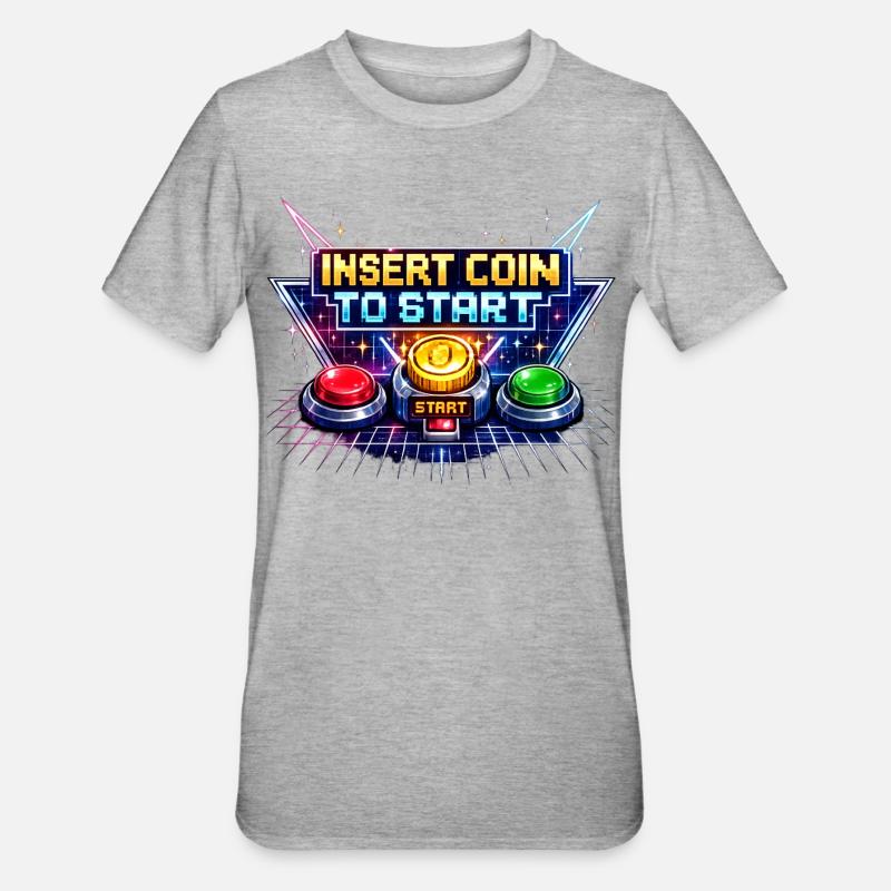 Bouton de démarrage arcade Neon Rétro - T-shirt polycoton Unisexe - gris chiné