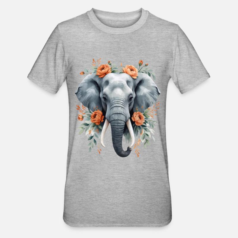 Éléphant avec une couronne de fleurs - T-shirt polycoton Unisexe - gris chiné