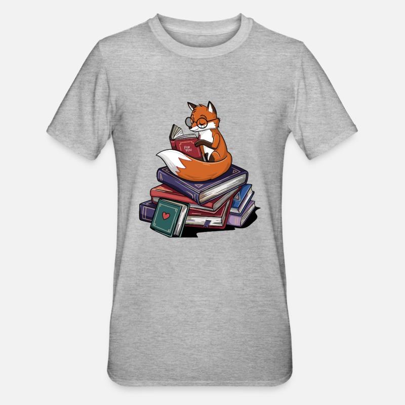 Bücherwurm-Fuchs-Tierlese-Bücher Kunst - Unisex Polycotton T-Shirt - Grau meliert