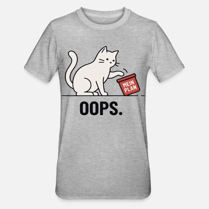 Mein Plan… Oops – Lustige Katze - Unisex Polycotton T-Shirt - Grau meliert