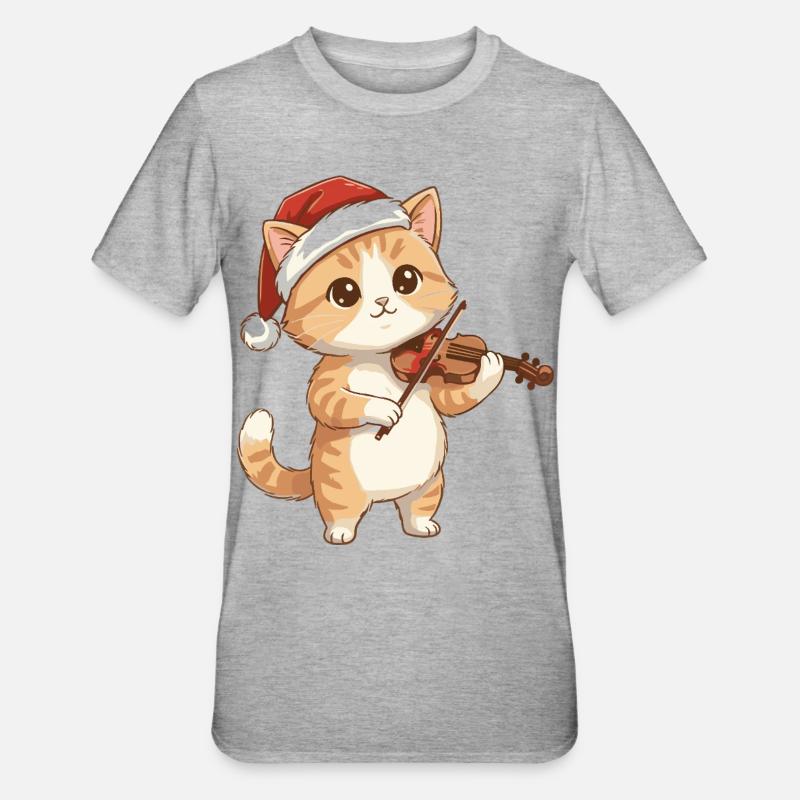 Chaton de Noël jouant du violon - T-shirt polycoton Unisexe - gris chiné