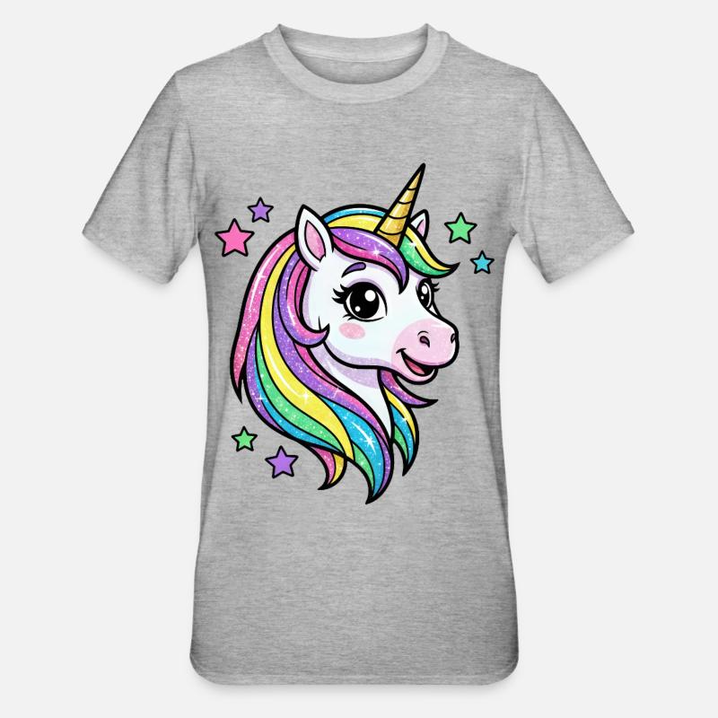 Regenbogen Einhorn Glitzerkopf - Unisex Polycotton T-Shirt - Grau meliert