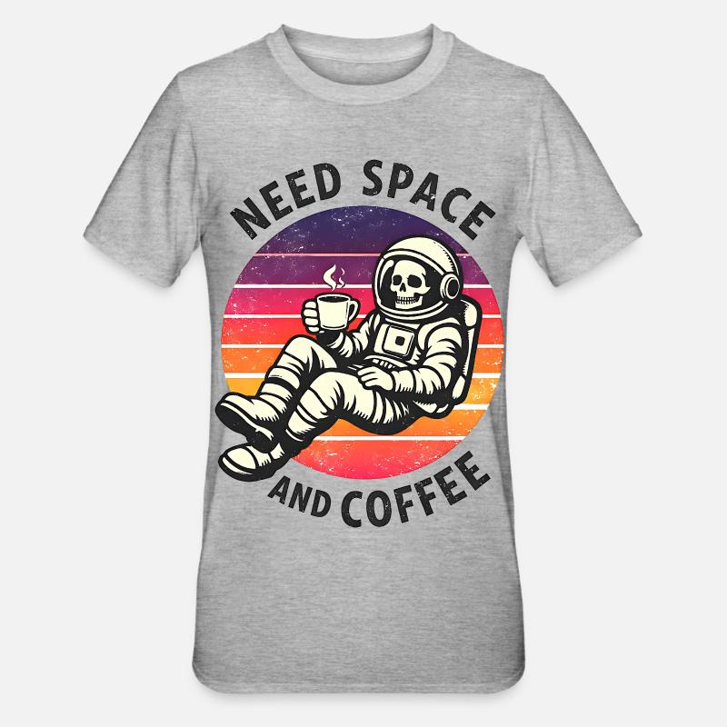 Astronaute squelette spatial et café - T-shirt polycoton Unisexe - gris chiné