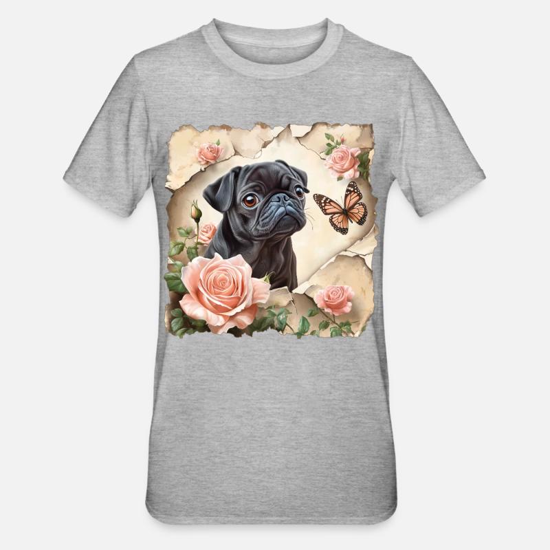Sort mops med sommerfugl - Unisex polycotton T-shirt - grå meleret