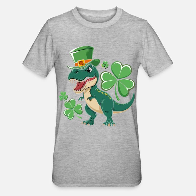 Dino vert avec chapeau de trèfle - T-shirt polycoton Unisexe - gris chiné