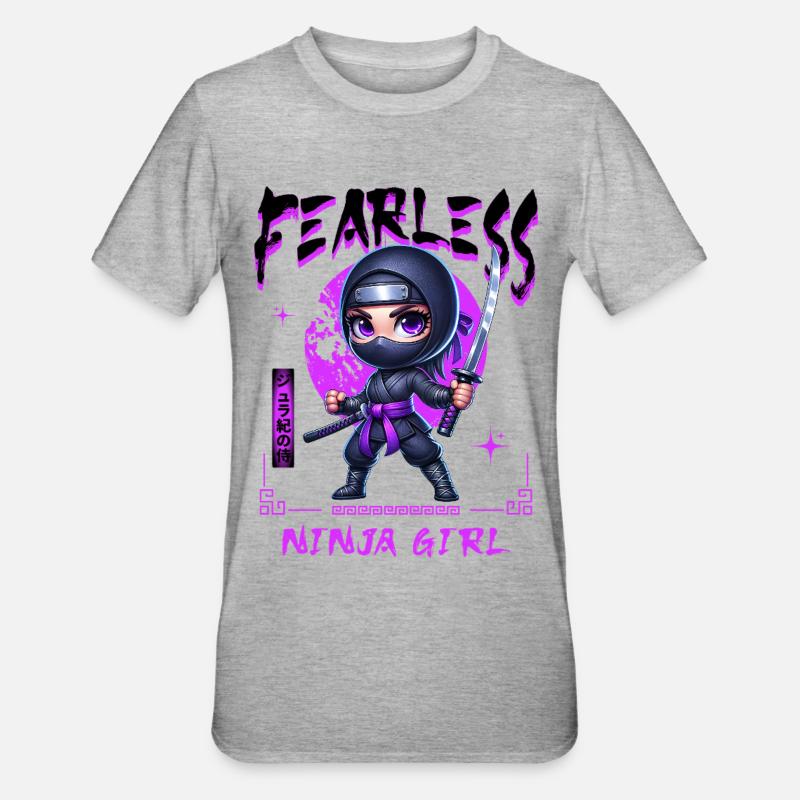 Ninja Mädchen Chibi mit Katana - Unisex Polycotton T-Shirt - Grau meliert
