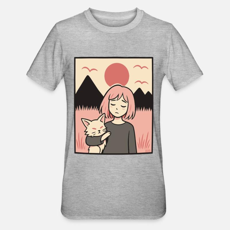 Mädchen mit Katze vor Bergen - Unisex Polycotton T-Shirt - Grau meliert