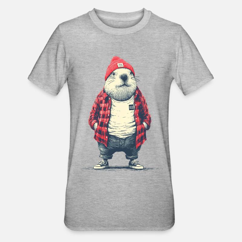 Biber in roter Plaidjacke - Unisex Polycotton T-Shirt - Grau meliert