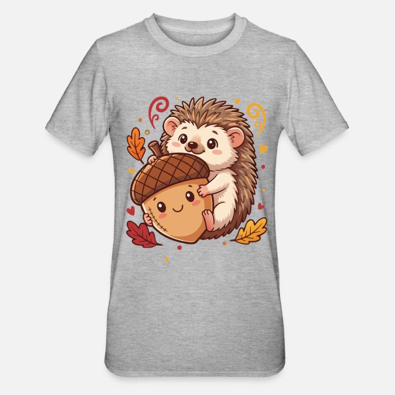 Süßer Igel mit Eichel Herbst - Unisex Polycotton T-Shirt - Grau meliert