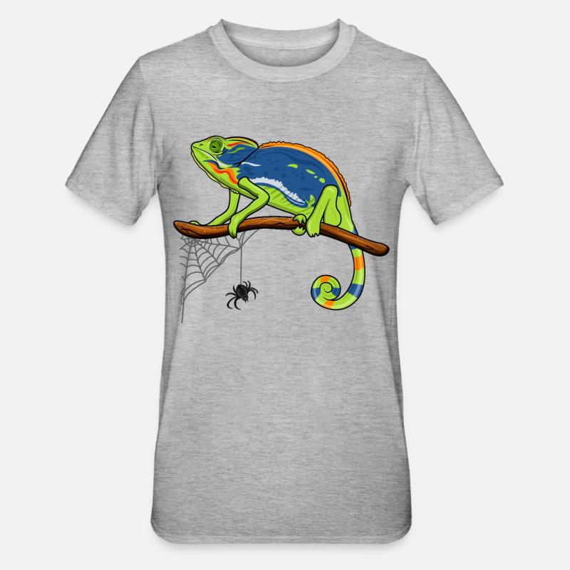 Chamäleon auf Ast mit Spinnennetz - Unisex Polycotton T-Shirt - Grau meliert