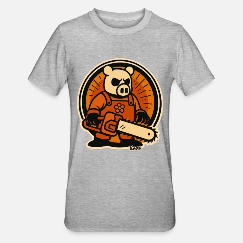 Bûcheron cochon avec tronçonneuse - T-shirt polycoton Unisexe - gris chiné