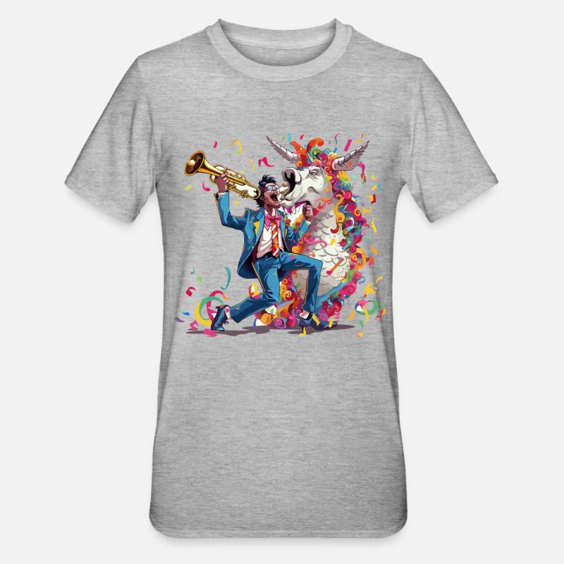Trompeter und Regenbogen-Einhorn - Unisex Polycotton T-Shirt - Grau meliert