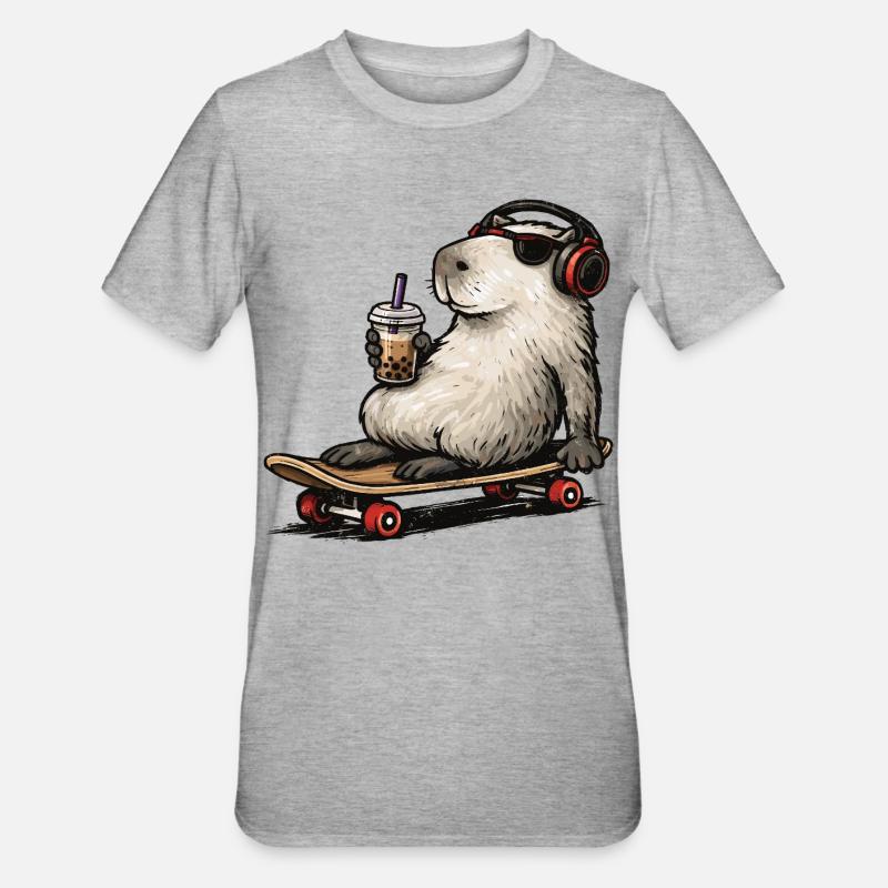 Capybara Skateboard Bubble Tea - T-shirt polycoton Unisexe - gris chiné