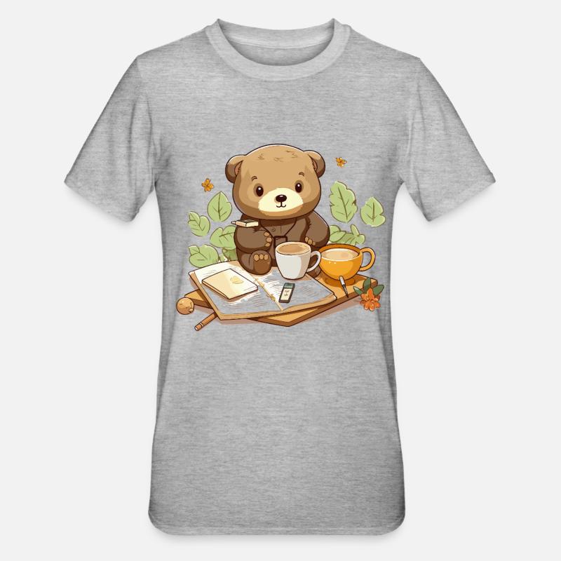 Cuddly bear reading with coffee - Unisex Polycotton T-Shirt - heather grey