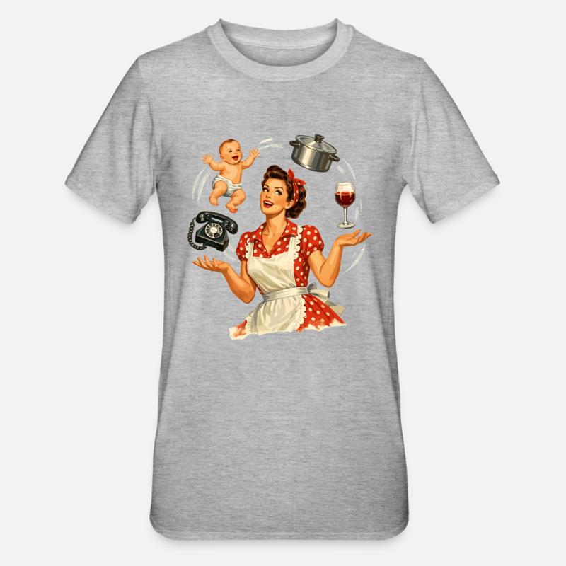 Retro Pin-Up Mom – Multitasking Illustration - Unisex Polycotton T-Shirt - heather grey