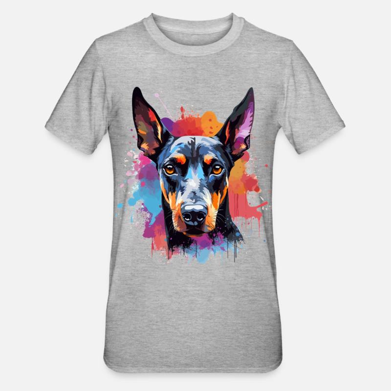 Portrait éclaboussé du Doberman vif - T-shirt polycoton Unisexe - gris chiné
