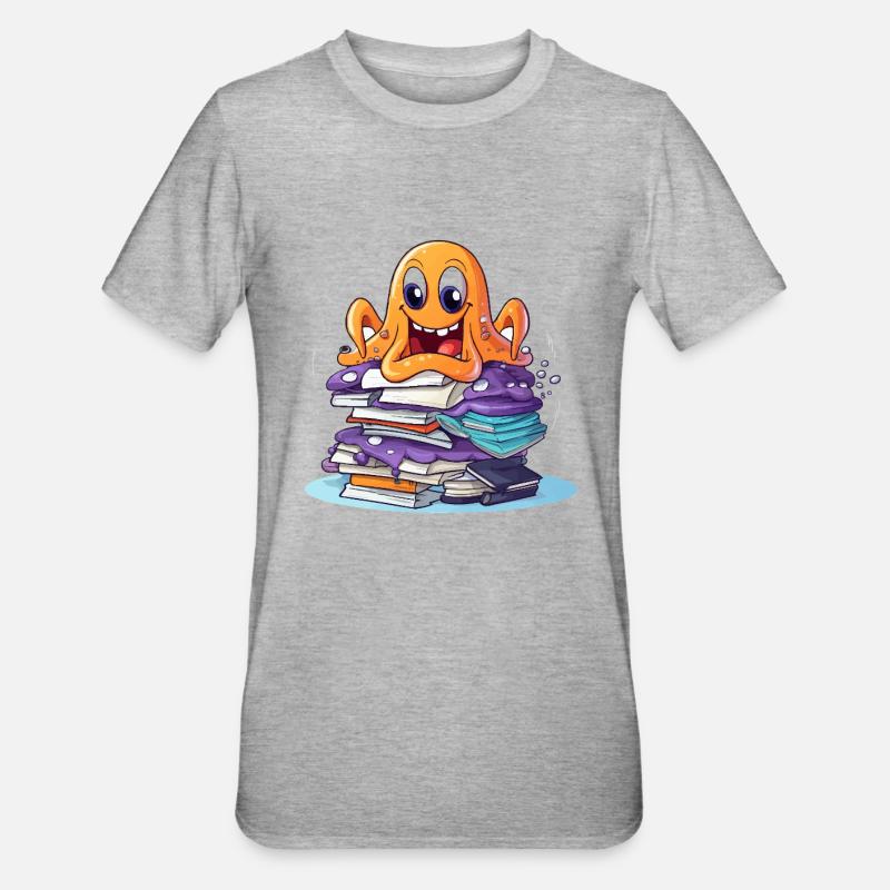 Lernoctopus mit Bücherstapel - Unisex Polycotton T-Shirt - Grau meliert