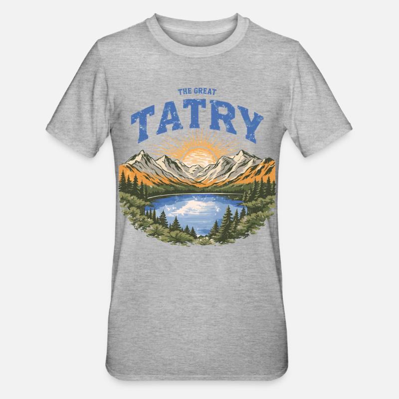 Solnedgangsdesignet til den store Tatry-fjellene - Unisex Polycotton T-skjorte - gråmelert