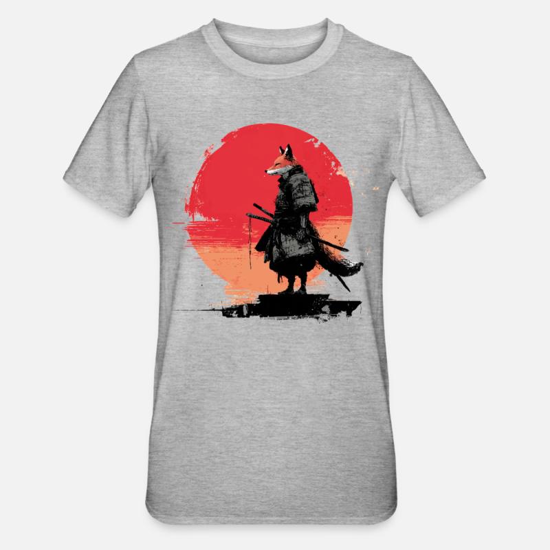 Fox Samurai au coucher du soleil - T-shirt polycoton Unisexe - gris chiné