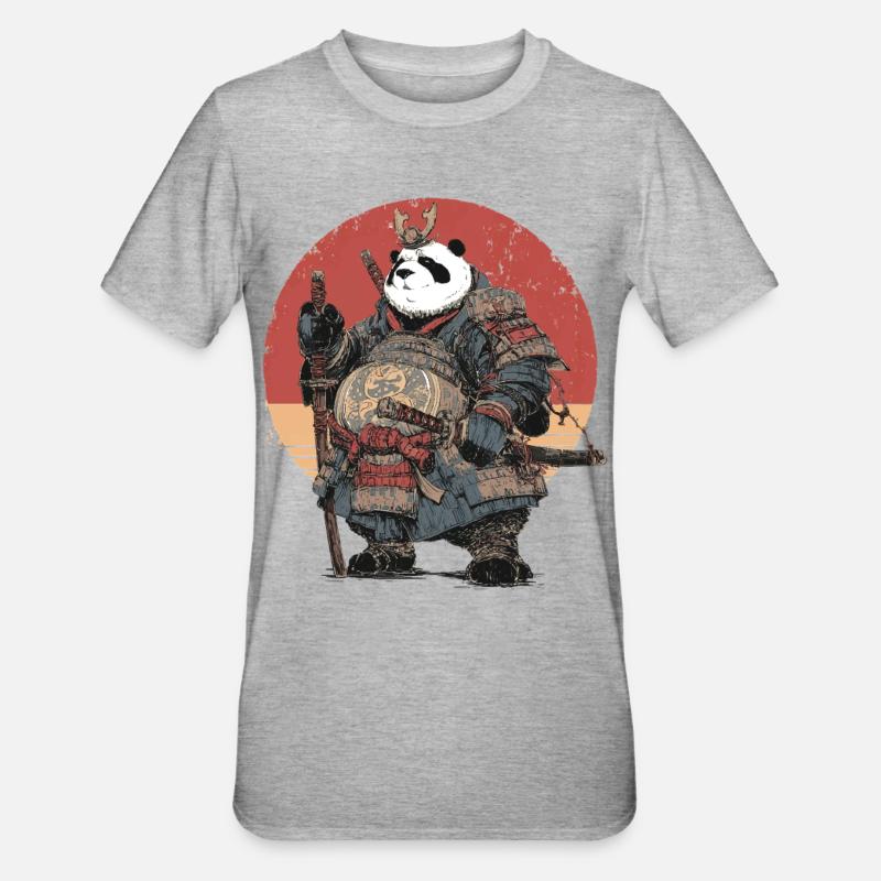 Panda samouraï en armure solide - T-shirt polycoton Unisexe - gris chiné