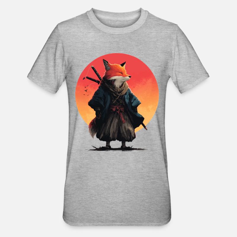 Fuchs-Samurai bei Sonnenuntergang - Unisex Polycotton T-Shirt - Grau meliert