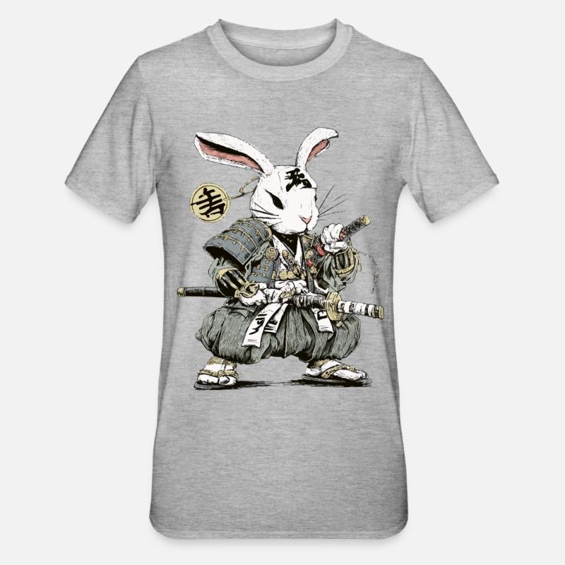 Rabbit Samurai Warrior with Katana - Unisex Polycotton T-Shirt - heather grey