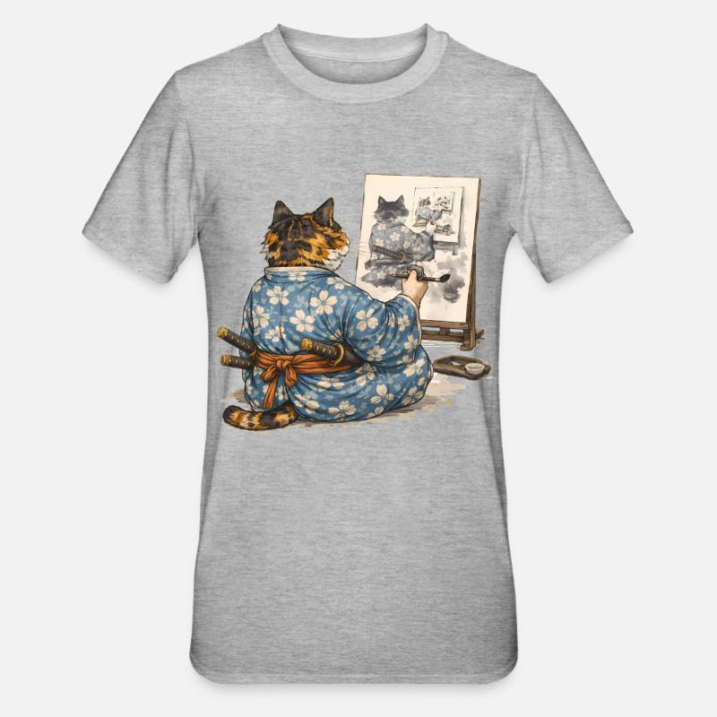 Samurai Cat Painting Sumi-e Ukiyo-e Art - Unisex Polycotton T-Shirt - heather grey