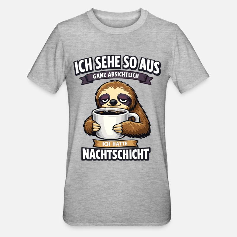 Nachtschicht Faultier Spruch mit Kaffeetasse - Unisex Polycotton T-Shirt - Grau meliert