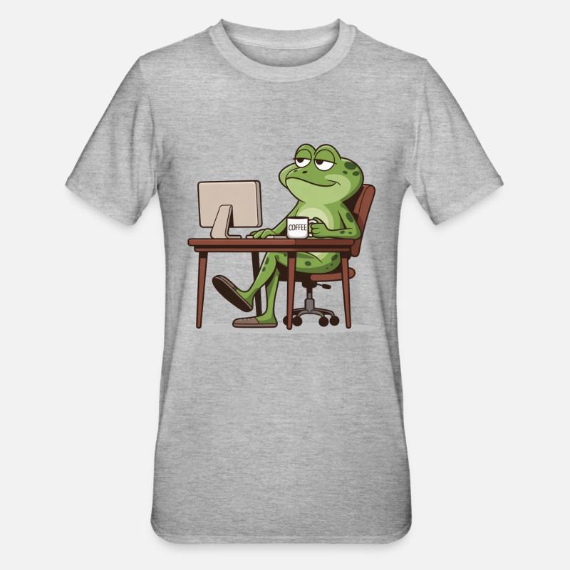 Frosch Büro mit Kaffee - Unisex Polycotton T-Shirt - Grau meliert