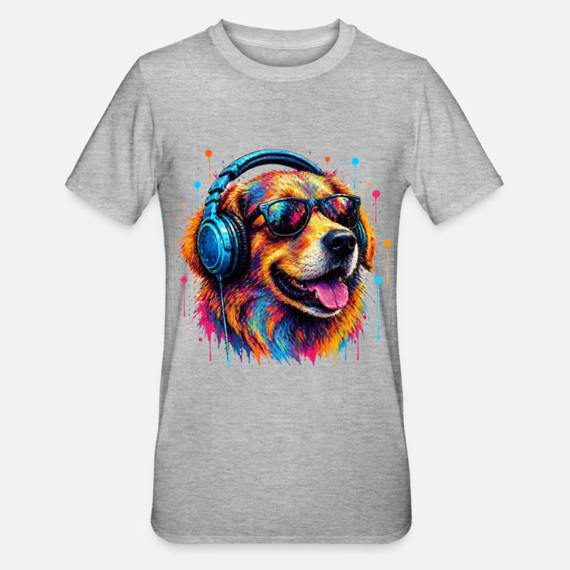 Bunter Hund mit Kopfhörern - Unisex Polycotton T-Shirt - Grau meliert