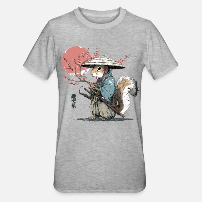 Eichhörnchen-Samurai in Sakura-Roben - Unisex Polycotton T-Shirt - Grau meliert