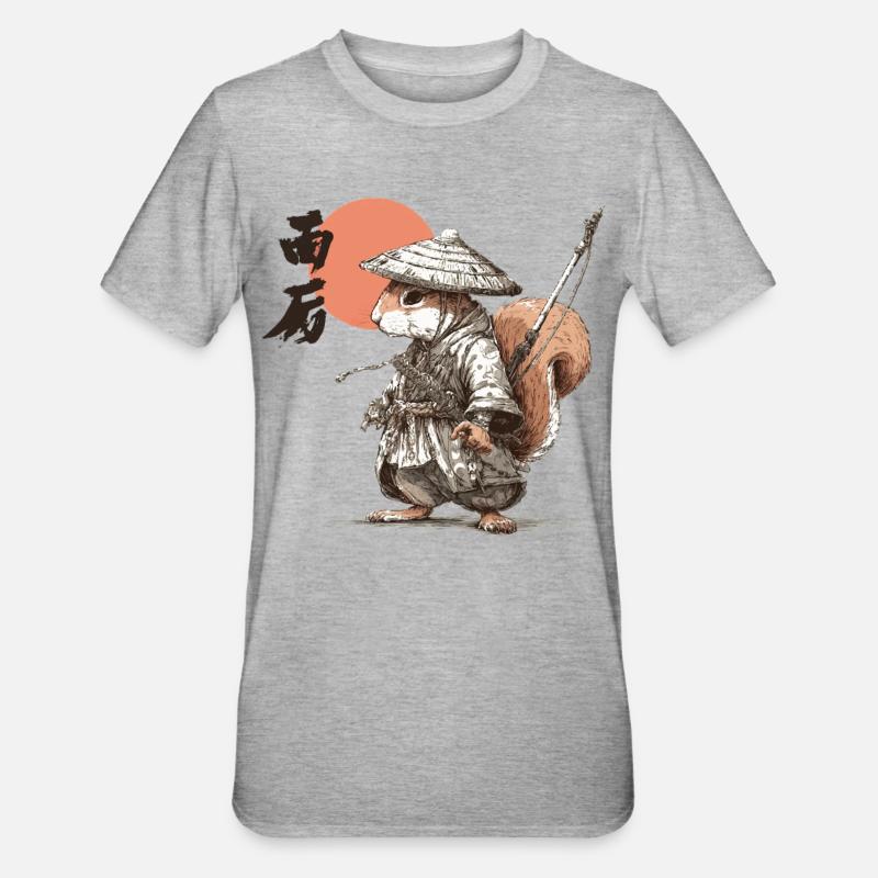 Samurai-Eichhörnchen unter roter Sonne - Unisex Polycotton T-Shirt - Grau meliert