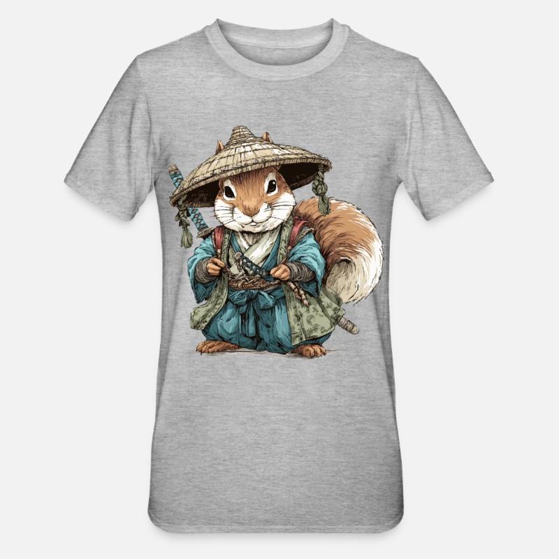 Squirrel Samurai in Blue Kimono - Unisex Polycotton T-Shirt - heather grey