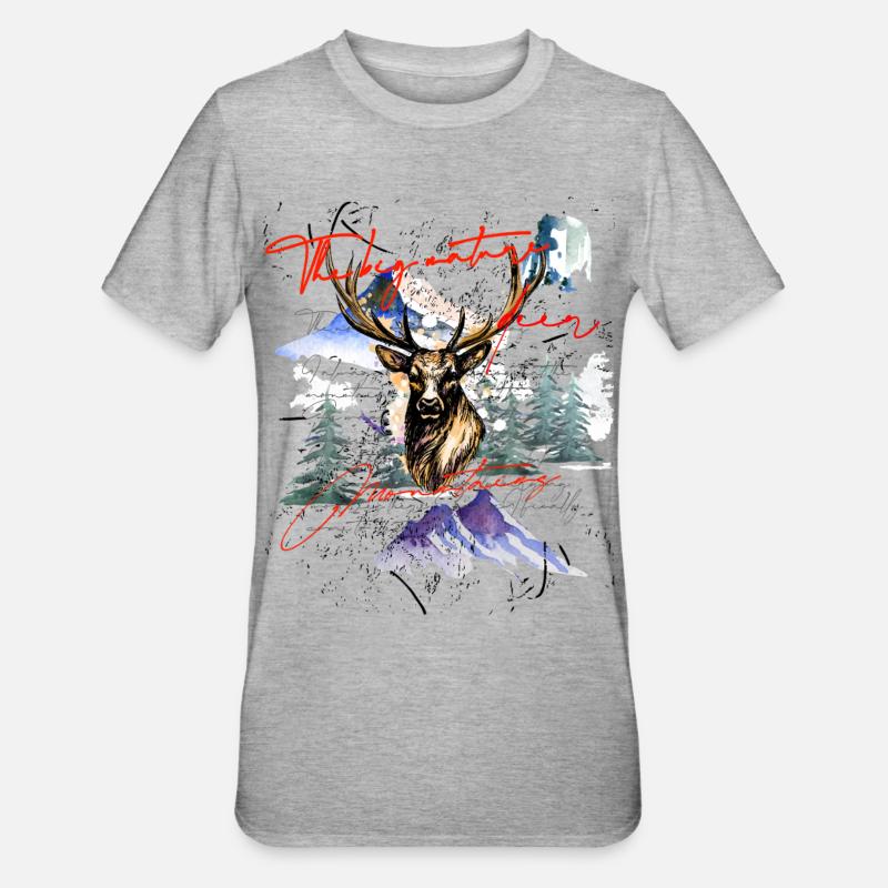 Hirsch Geweih Berg Wald - Unisex Polycotton T-Shirt - Grau meliert