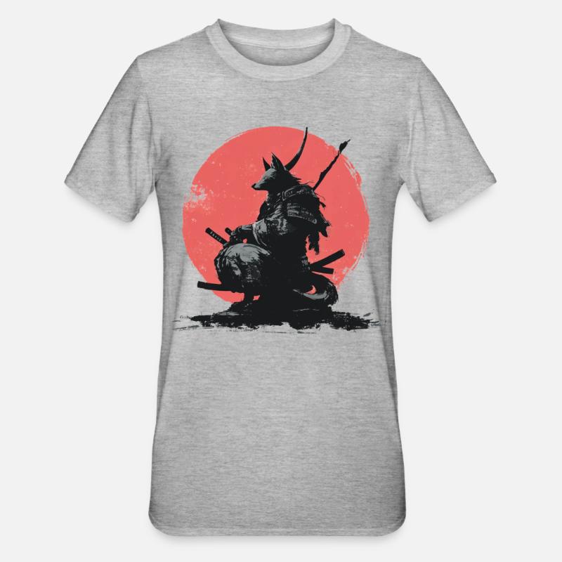 Wolf-Samurai auf Red Sun - Unisex Polycotton T-Shirt - Grau meliert